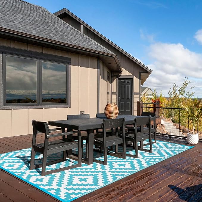 Outdoor Patio Plastic Straw Rug - 6'x9' Outdoor Camping Rug Waterproof Reversible, Area Carpet Patios Clearance RV, Outside Porch Balcony Deck for Camper, Blue & White