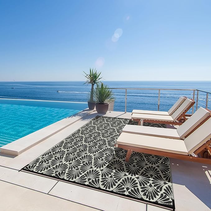 Lahome Patio Rugs Outdoor 8x10 Waterproof, Boho Outdoor Rug for Camping Beach, Plastic Straw Stain Resistant Mats for Outside Rv Backyard Garden Under Awning, Black White,8'x10'