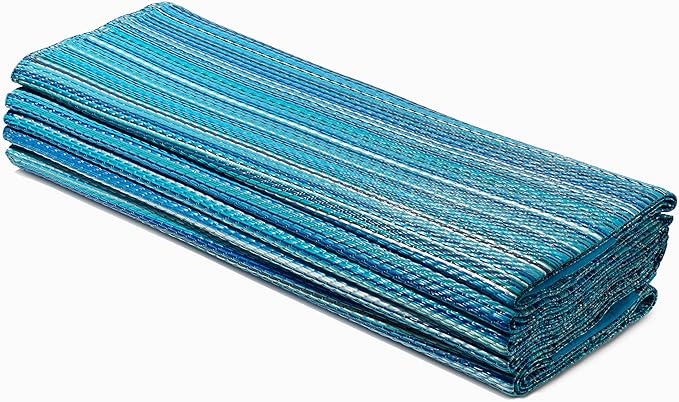FH Home Outdoor Camping Rug - Waterproof, Fade Resistant, Reversible - Premium Recycled Plastic - Striped - Picnic, Patio, Deck, Sunroom, RV - Havana - Turquoise - 4 x 6 ft Foldable