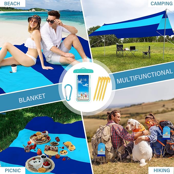 BYDOLL Beach Blanket Waterproof Sandproof 78''×81'' Suits1-4 Adults Compact Lightweight Oversized Sand-Free Blanket Large Picnic Mat for Beach Travel Camping Hiking