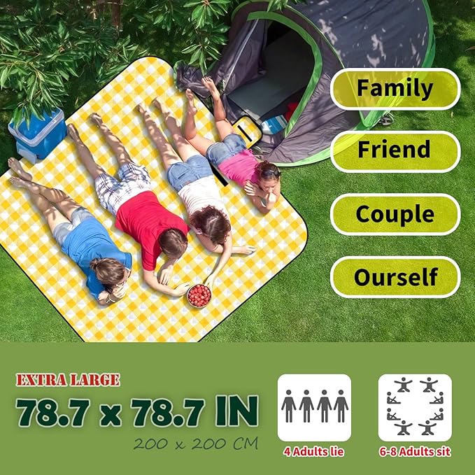Picnic Outdoor Blankets, Extra Large 79x79in Beach Blanket, Thick 3-Layers Camping Waterproof Mat for Camp Hiking Park, Portable Foldable Rug for Family-Yellow, Sandproof & Machine Washable