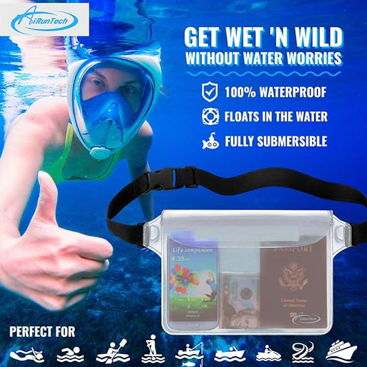 AiRunTech Waterproof Pouch with Waist Strap (2 Pack) | Beach Accessories Best Way to Keep Your Phone and Valuables Safe and Dry | Perfect for Boating Swimming Snorkeling Kayaking Beach Pool Water Park