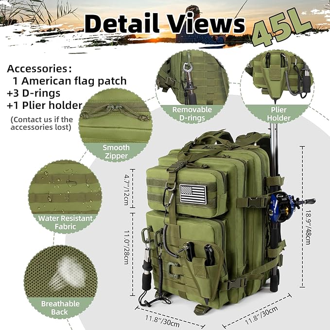 45l Large Fishing Tackle Backpack with Removable Plier Holder & Rod Holders, Green Tactical Bag, Fishing Gear and Tackle Box Organizer, Hiking Rucksack without Tackle Box