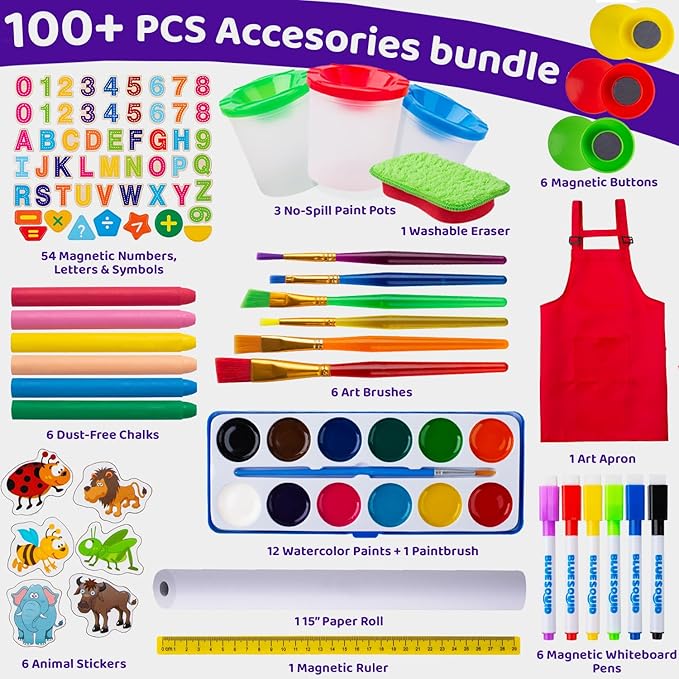 Blue Squid Art Easel for Kids - Dual-Sided Adjustable Wooden Painting Easels, Ideal Christmas Gift for Toddlers and Kid - with Magnetic Chalk Board, White Board & Paper Roll, Includes 100+ Accessories