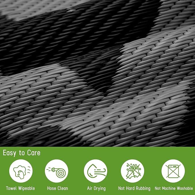 Easy-Going Reversible Outdoor Rugs 4x6ft Waterproof Plastic Straw Rug Stain & UV Resistant Floor Mat for Patio Porch RV Backyard Pool Deck Picnic Beach Trailer Camping (Waved Black & Grey)