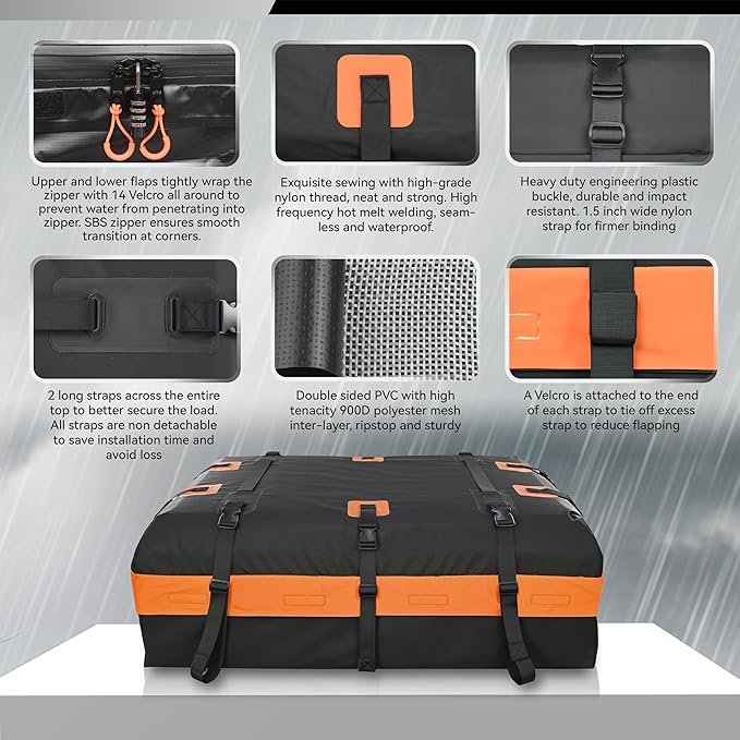 MARCHWAY Waterproof Car Roof Luggage Bag, Weatherproof Soft Shell Rooftop Cargo Carrier Bag for Vehicles with or Without Rack. 6 Door Hooks, Anti Slip Mat, Lock Included (15 Cubic Feet, Orange)