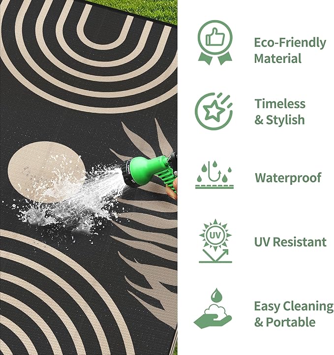 GENIMO Outdoor Rug 9' x 12' Waterproof for Patio Clearance, Reversible Lightweight Plastic Straw Camping Carpet, Large Area Rugs Mats for Rv, Backyard, Deck, Porch, Picnic, Balcony, Mix-Black & Beige