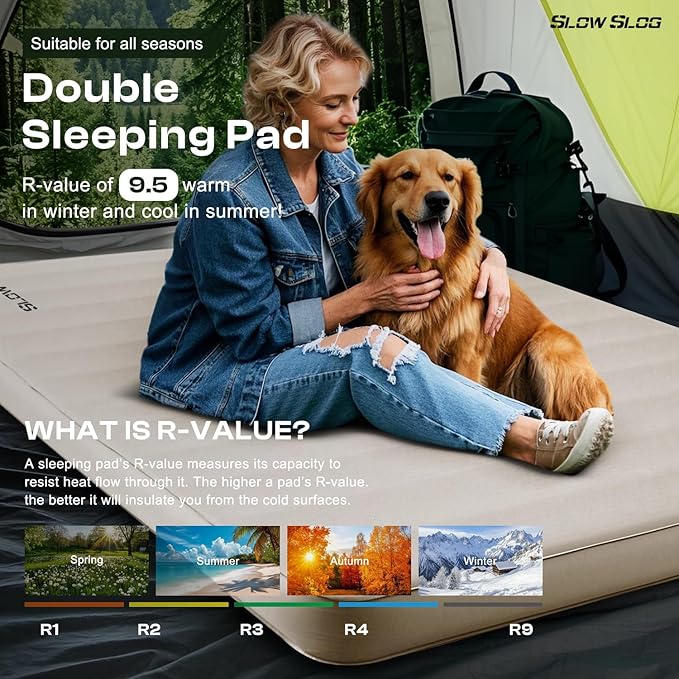 Self-Inflating Camping Mattress Pad 2 Person, 4in Thick Foam Sleeping Pad for Tent Camping, 4-Season Double Sleeping Pad with Pump Sack, Cream