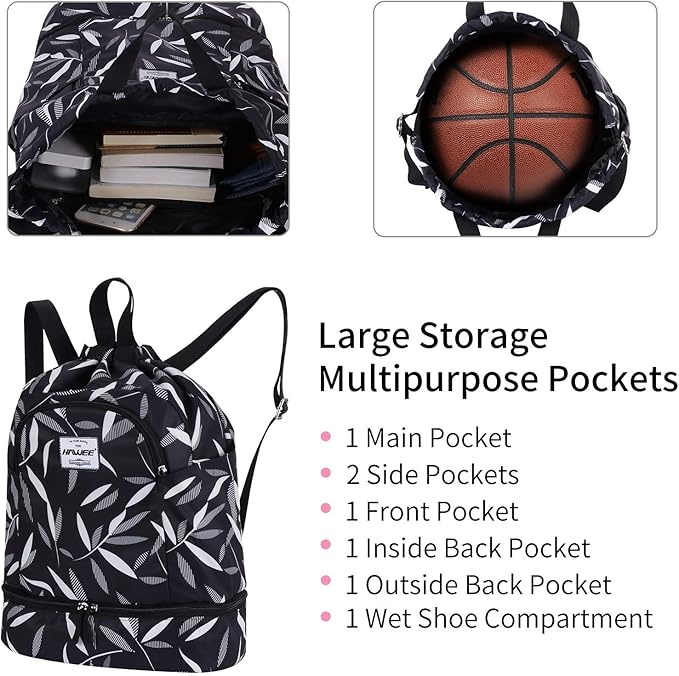 Dry Wet Drawstring Backpack with Shoe Compartment for Women Adjustable Gym Bag