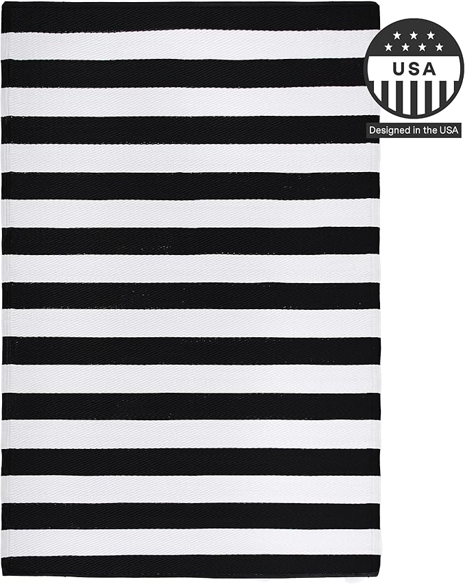 FH Home Outdoor Rug - Waterproof, Fade Resistant, Reversible - Premium Recycled Plastic - Striped - Large Patio, Deck, Sunroom, Camping, RV - Brittany Stripe - Black & White Crease Free - 6 x 9 ft