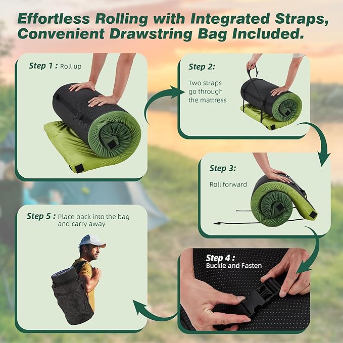 Memory Foam Camping Pad, Camping Sleeping Pad, Camping Mattress Pad with Pillow & Travel Bag, Portable Floor Mat Roll Up for Guest Adults Side Sleepers Indoor Outdoor Travel