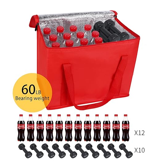 musbus beach bag with cooler Insulated insulation Grocery bags,shopping Red, Reusable, Heavy Duty, zipped zipper,Collapsible,tote,cooler,groceries,for car,Recycled Material Warm Foldable bag…