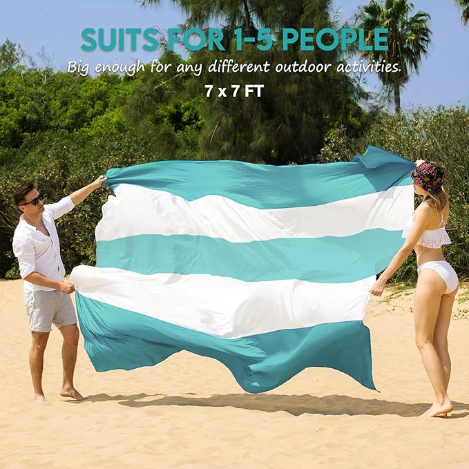 BYDOLL Nylon Beach Blanket Waterproof Sandproof Oversized 7'x7' Suits 1-5 Adults Sand Free Extra Large Blanket Lightweight Soft Picnic Mat for Beach Travel Camping