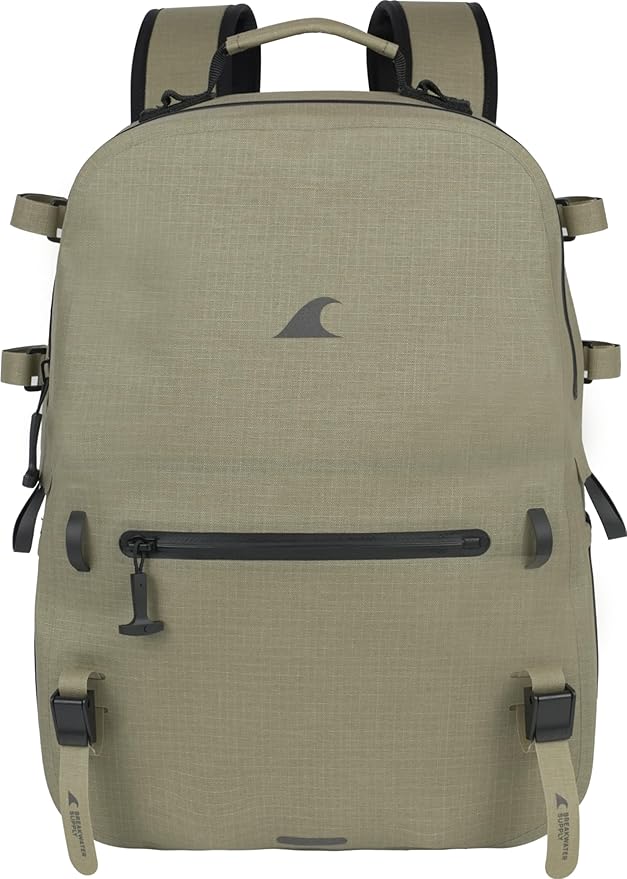 Breakwater Supply™ River Ute Waterproof IP68 Fishing Backpack, Floating TPU Submersible Dry Bag with Padded Hip Belt and Airtight Zippers | 20L (River Ute 20L CORDURA Safari Tan)
