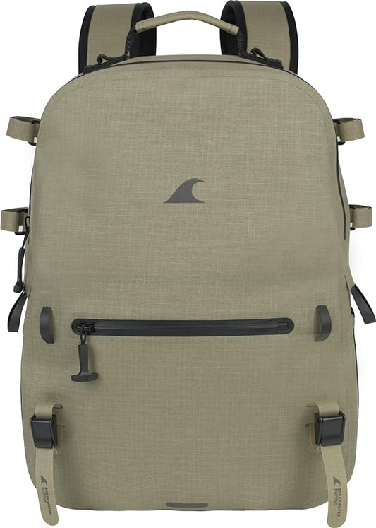 Breakwater Supply™ River Ute Waterproof IP68 Fishing Backpack, Floating TPU Submersible Dry Bag with Padded Hip Belt and Airtight Zippers | 20L (River Ute 20L CORDURA Safari Tan)