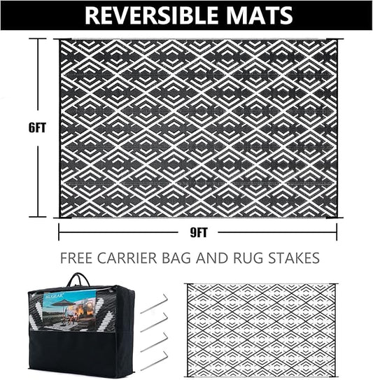 RV Outdoor Rug Waterproof Mat Outdoor Rugs 6'x9' for Patios Clearance Carpet Outdoor Camping Rugs Large Plastic Straw Rug(Geometric Black&White)