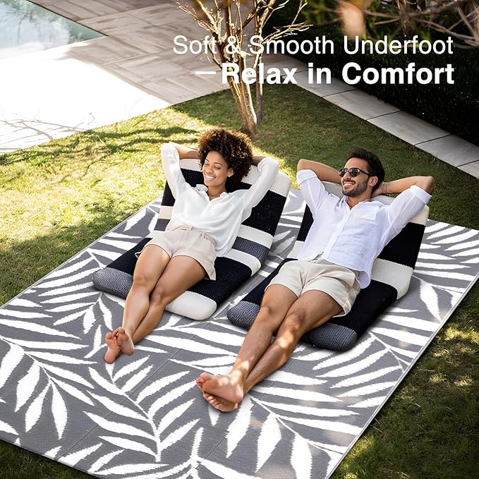 OLANLY Waterproof Outdoor Rug 5x8 ft, Reversible Outdoor Plastic Straw Rug with Leaf Pattern, RV Mat, Indoor Outdoor Carpet for Patio, Camping, Balcony, Deck, Backyard, Grey & White