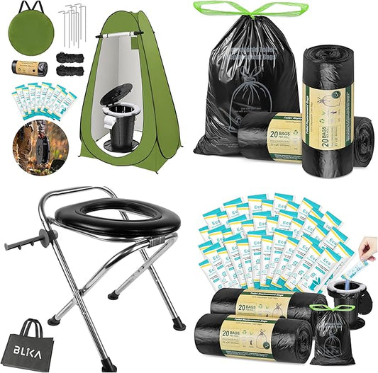 BLIKA Portable Toilet Kit for Camping, Camp Toilet with Pop-Up Privacy Tent, Toilet Bags and Eco Absorbent Gel, Foldable Portable Toilet for Adults, Portable Outdoor Shower Tent Camp Toilet
