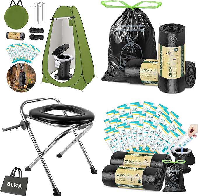 BLIKA Portable Toilet Kit for Camping, Camp Toilet with Pop-Up Privacy Tent, Toilet Bags and Eco Absorbent Gel, Foldable Portable Toilet for Adults, Portable Outdoor Shower Tent Camp Toilet