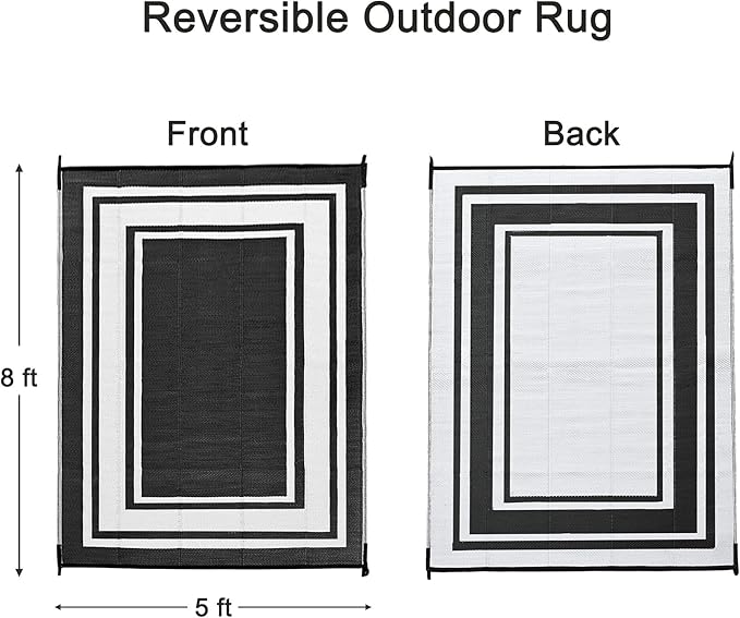 RURALITY Outdoor Rugs 5x8 Waterproof for Patios Clearance,Plastic Straw Mats for Backyard,Porch,Deck,Balcony,Reversible,Black and White