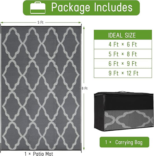 Easy-Going Reversible Outdoor Rugs 5x8ft Waterproof Plastic Straw Rug Stain & UV Resistant Floor Mat for Patio Porch RV Backyard Pool Deck Picnic Beach Trailer Camping (Moroccan Grey & Light Grey)