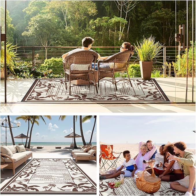 COCOER Outdoor-Rug 5x8 ft Waterproof Reversible Outdoor Plastic Straw Rug RV Indoor Outdoor Carpet Quick Dry Patio Rug Camping Mat for Balcony Backyard Picnic Beach-Brown&Beige