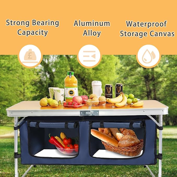CampLand Outdoor Folding Table Aluminum Lightweight Height Adjustable with Storage Organizer for BBQ, Party, Camping