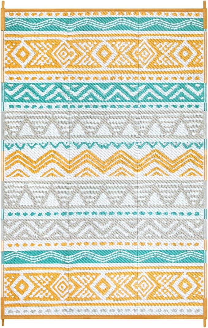 Lahome Waterproof Outdoor Rug 6x9, Reversible Outdoor Plastic Straw Rug for Camping, Large RV Outdoor Patio Rug, Outdoor Rugs Carpet for Porch Deck Backyard Balcony Picnic(Blue/Yellow,6'x 9')