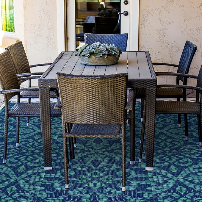 Lahome Navy Blue Outdoor Patio Rug Waterproof 6x9, Plastic Straw Rug Reversible Indoor Outdoor Carpet Floor Decor,Large Portable Outside Camping Mats for Balcony Deck Tent, Deep Blue 6x9