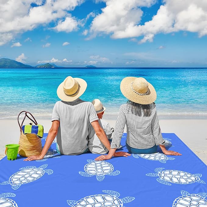 Beach Blanket Waterproof Sandproof, Blue Baby Sea Turtle Polyester Beach Mat Sand Free for 1-4 Adult, Extra Large 9×10 FT Portable Compact Picnic Blankets for Outdoor, Travel,Camping,Hiking