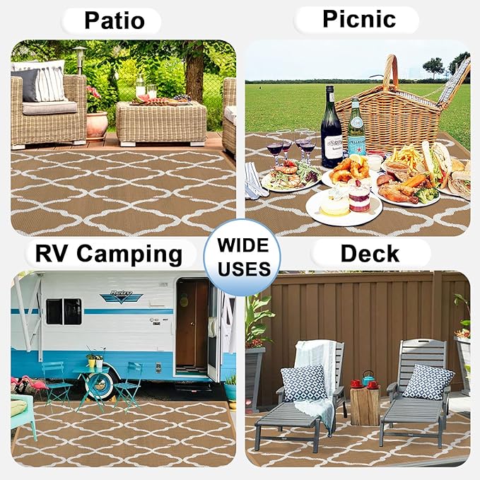 OutdoorLines Outdoor Plastic Area Rugs for Patio 6x9 ft - Reversible Outside Carpet, Stain & UV Resistant RV Mats, Straw Rug for Camping, Deck Garden, Porch and Balcony, Moroccan/Brown & Light Grey