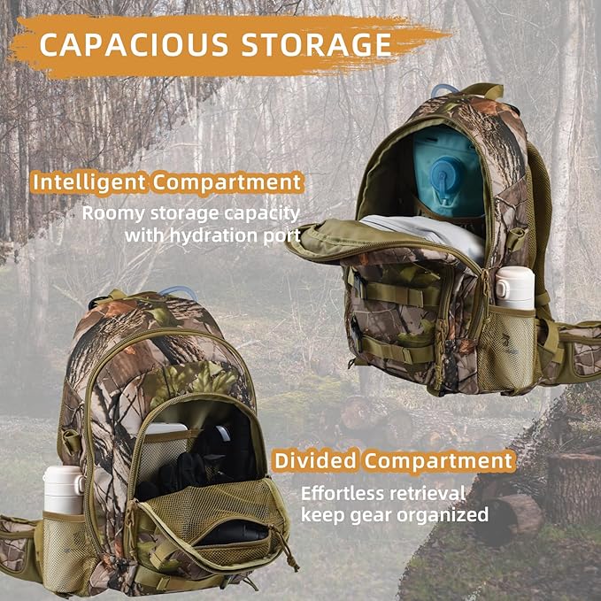 AUMTISC 40L Hunting Bag Backpack with Rifle Holder for Men, Waterproof Camo Hunting Day Back Pack with Rain Cover for Gun Bow
