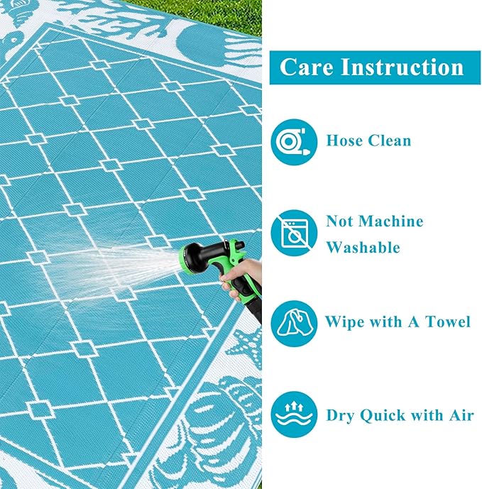 Vaukki Reversible Rugs, Plastic Straw Outdoor Doormat, Fade Resistant Plastic Outdoor Patio Mat, Lightweight Ocean Area Carpet for Patio, RV, Camping, Beach, Deck, Backyard and Picnic (Teal, 6'x9')