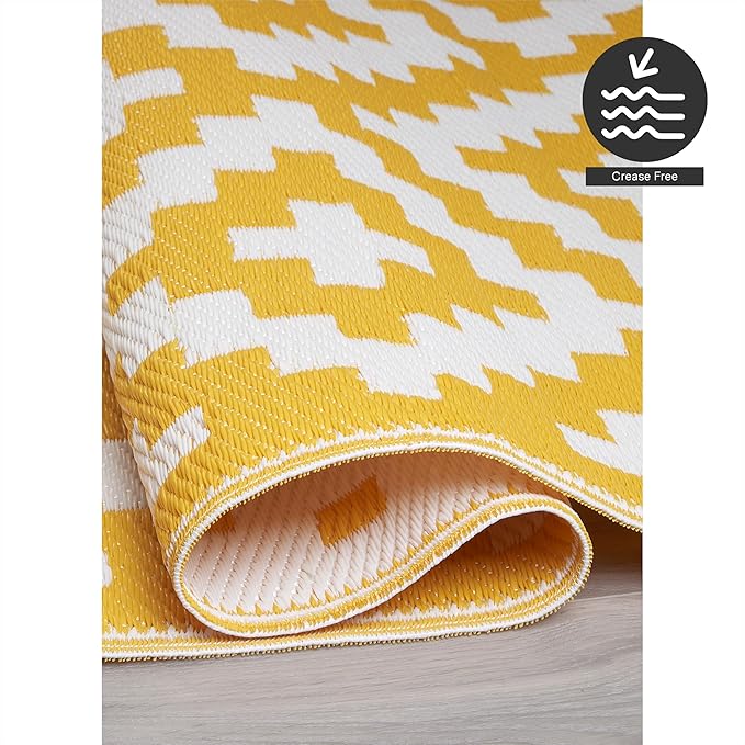 FH Home Outdoor Camping Rug - Waterproof, Fade Resistant, Reversible - Premium Recycled Plastic - Geometric - Large Patio, Deck, Sunroom, RV - Aztec - Yellow & White - 9 x 12 ft Foldable