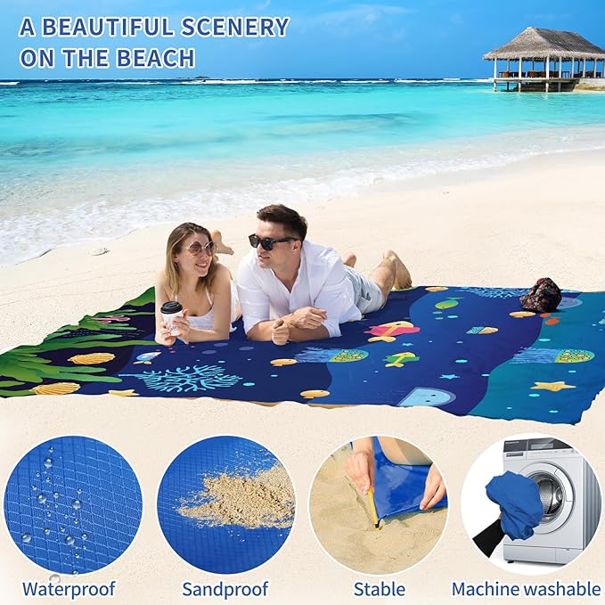 BYDOLL Beach Blanket Waterproof Sandproof 78''×81'' Suits1-4 Adults Compact Lightweight Oversized Sand-Free Blanket Large Picnic Mat for Beach Travel Camping Hiking
