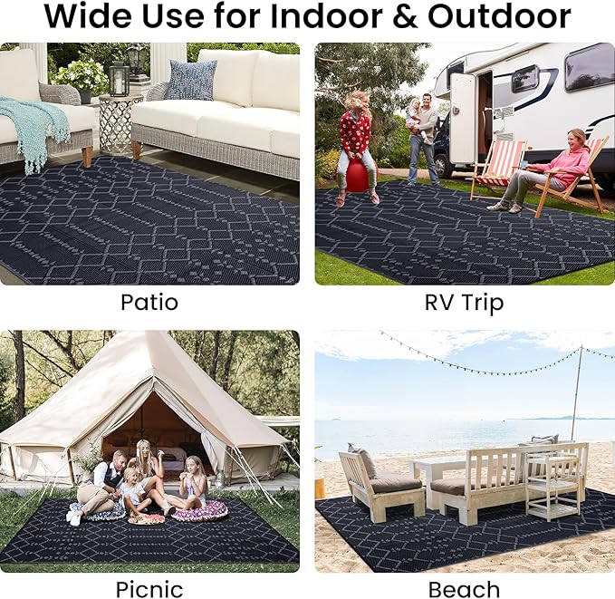 Smiry Outdoor Rug 6x9 ft, Waterproof Reversible Plastic Straw Rugs, Boho Outdoor Area Rug, Outside Floor Mat for Patio, Backyard, Deck, Picnic, Beach, Camping, Dark Grey