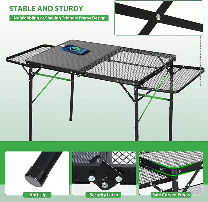 Nice C Camping Table, Grill Table, Tailgate Tables, Solar Panel Tables with USB, Type-C&DC Charging Cable, 42W Portable Solar Charger, 2 Side Shelves, Height Adjustable with Mesh Net&Cup Holders