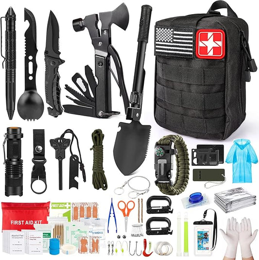 Survival Kits,222 PCS Emergency Survival Gear First Aid Kits with Molle System Compatible Bag Outdoor Camping Gear Emergency Kits for Hunting,Hiking,Fishing, Gifts for Men Women