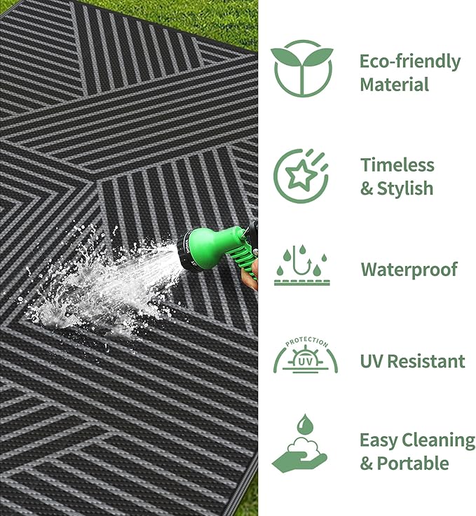GENIMO Outdoor Rug 8'x10' for Patio Waterproof Clearance, Reversible Outdoor Plastic Straw Rug, Lightweight Carpet Camping Mat for Rv, Camper, Picnic, Balcony, Backyard, Deck, Porch, Black & Gray