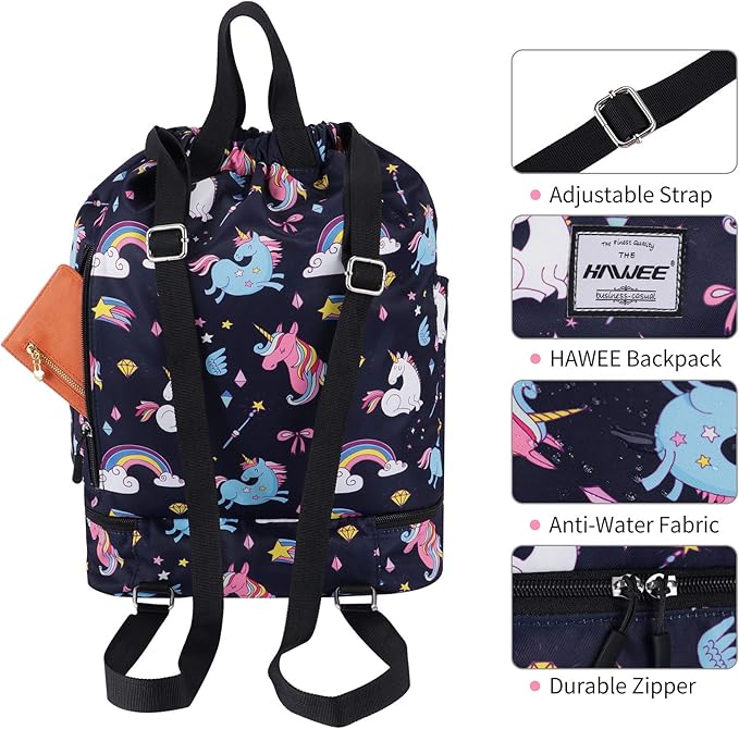 Dry Wet Drawstring Backpack with Shoe Compartment for Women Adjustable Gym Bag