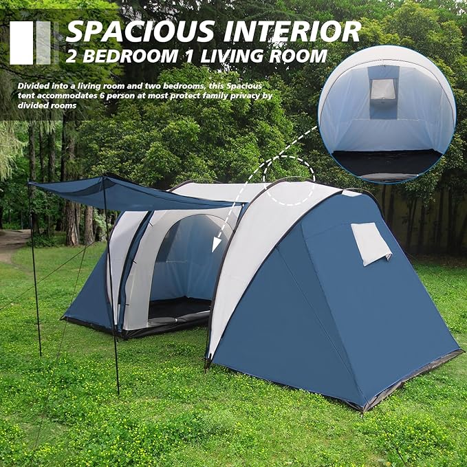 2 Room Family Camping Tent with Porch, Weatherproof Camping Shelter with Rainfly, 2-4 Person Easy Set Up Dome Tent for Outdoor, Picnic, Hiking