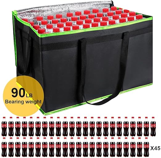 musbus 2 Pack XXXL-Large Insulated Grocery shopping bags, Green, reusable bag,thermal zipper,Collapsible,tote,cooler,food transport hot and cold,camping,Recycled Material delivery groceries