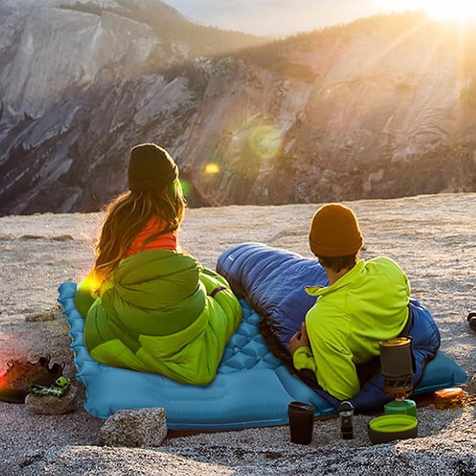 Double Sleeping Pad for Camping, 2 Person Ultralight Inflatable Sleeping Mat with Pillow and Built-in Foot Pump, Portable Camping Mattress for Tent, Backpacking, Hiking, Traveling（Blue