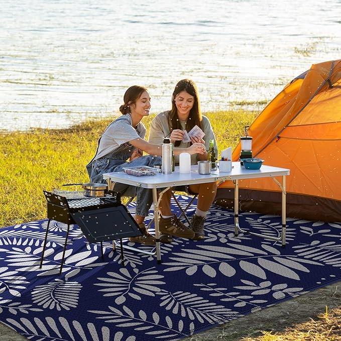 StepRite Outdoor Rug, Patio Rug, Plastic Straw Camping Rugs, Large Waterproof Area Rug and Mat for Outdoors, RV, Patio, Backyard, Deck, Porch, Beach, Balcony, (4'x 6', White & Blue)