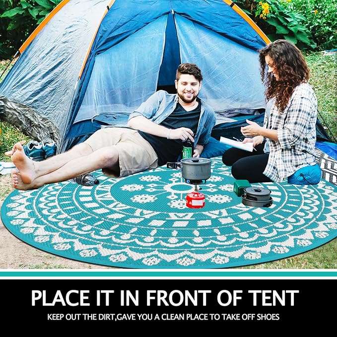 Capslpad 8Ft Round Outdoor Rug for Patio Clearance Boho Reversible Mat Waterproof Outdoor Plastic Straw RV Camping Rug Outside Circle Area Rug for Porch Deck Terrace Picnic Beach Apartment, Teal