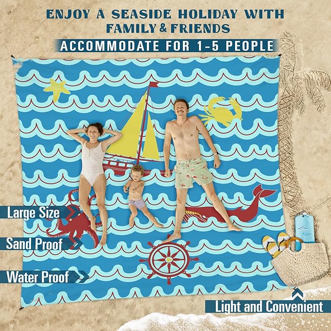 Beach Blanket Sandproof Waterproof 78''×81''1-5Adults Oversized,Compact Lightweight Durable Beach Mat for Travel Camping Hiking Picnic Blanket