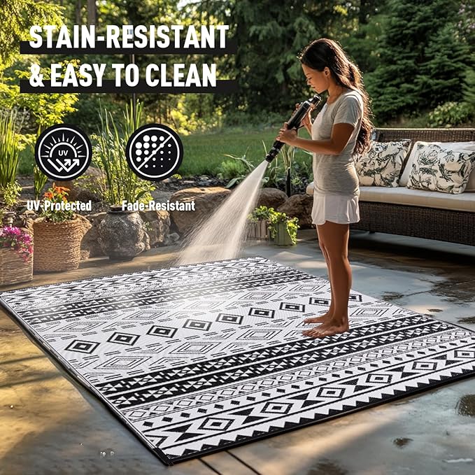 WILDROOTS 9'x12' Outdoor Plastic Rug for Patio Clearance, Waterproof Mat, Reversible Plastic Camping Rugs, RV, Porch, Deck, Camper, Balcony, Backyard