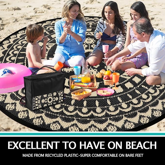 Capslpad 10Ft Round Outdoor Rug for Patio Reversible Mat Waterproof Plastic Straw Rug Boho Circle Indoor Outside Area Rug for RV Camping Picnic Pool Tent Balcony Beach Deck Doormats Decor, Beige