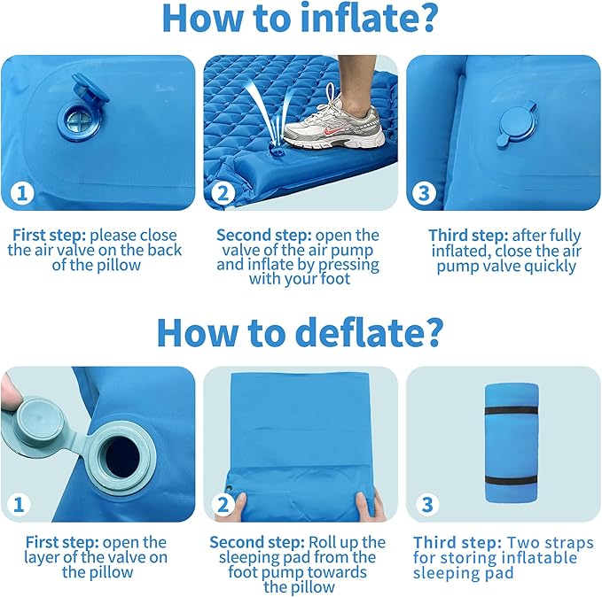 Double Sleeping Pad for Camping, 2 Person Ultralight Inflatable Sleeping Mat with Pillow and Built-in Foot Pump, Portable Camping Mattress for Tent, Backpacking, Hiking, Traveling（Blue