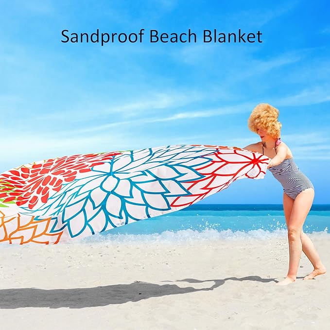 Large Beach Blanket Waterproof Sandproof, 78''×86'' Foldable Picnic Blankets for 4 Adults with Stakes and Sand Pocket, Colorful Blossoms Pattern Beach Mat Vacation Essentials Accessories Must Haves